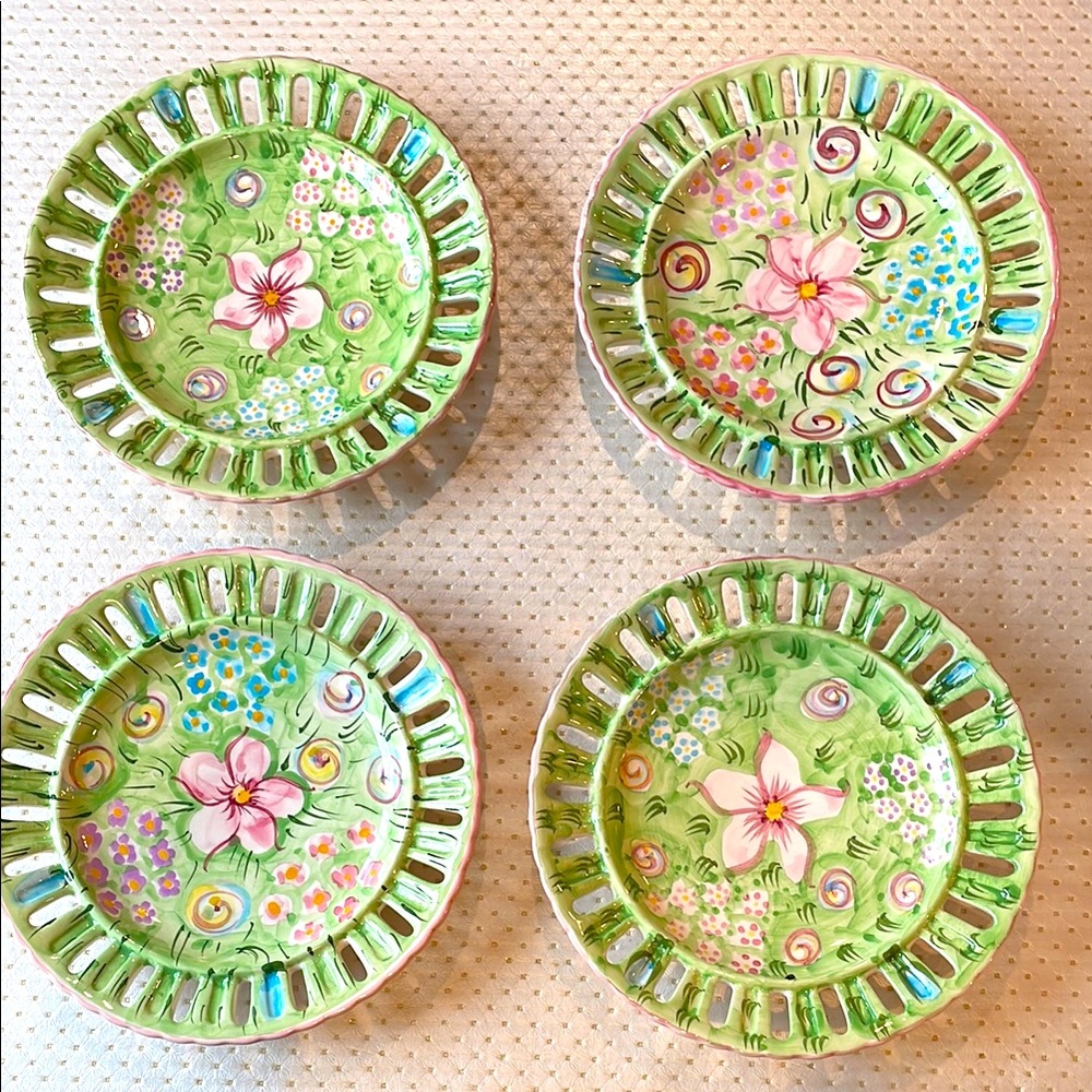 Hand-Painted Floral Ceramic Plates - Set of 4 - Green & Pink